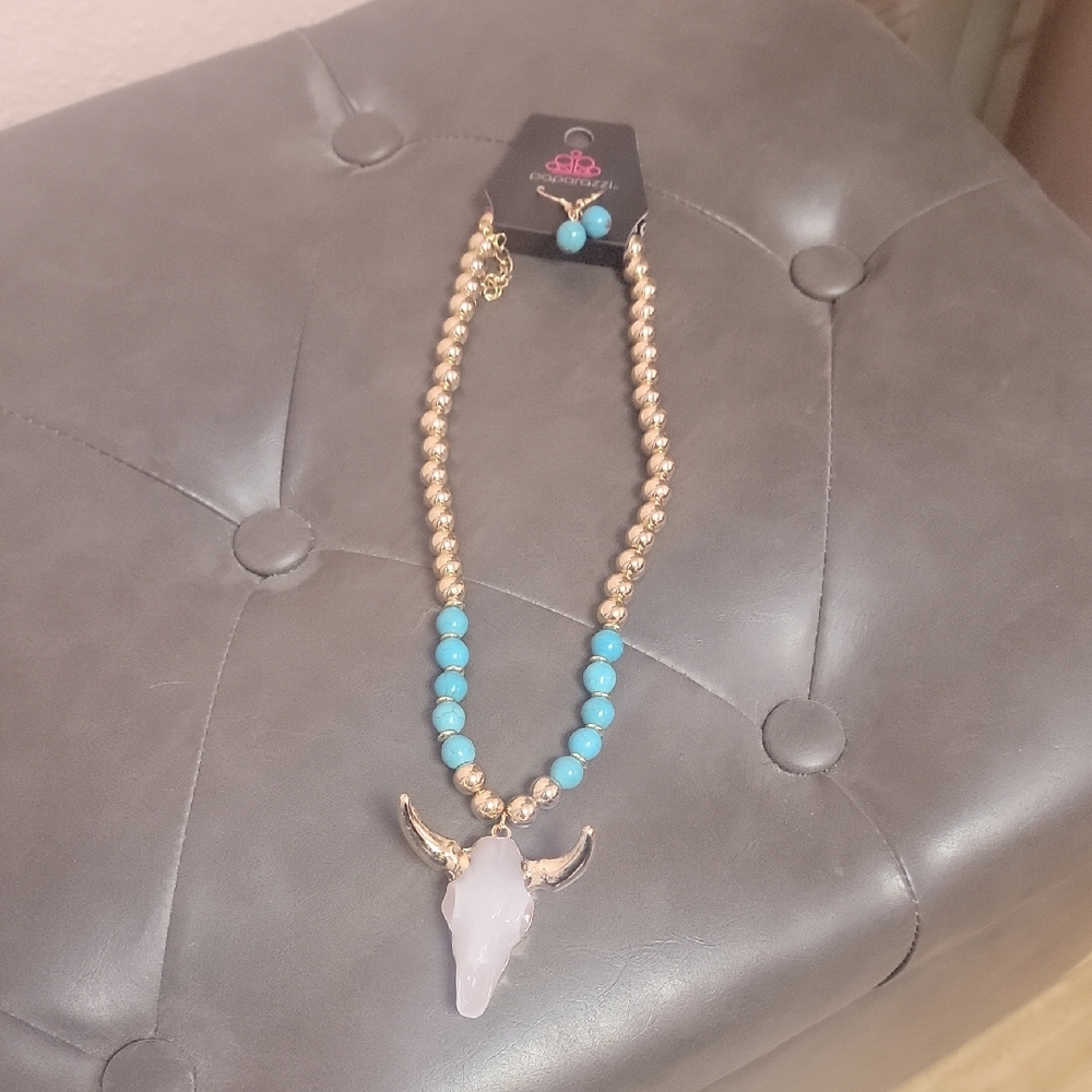 Gold and Turquoise Beaded Necklace with Bull Pendant